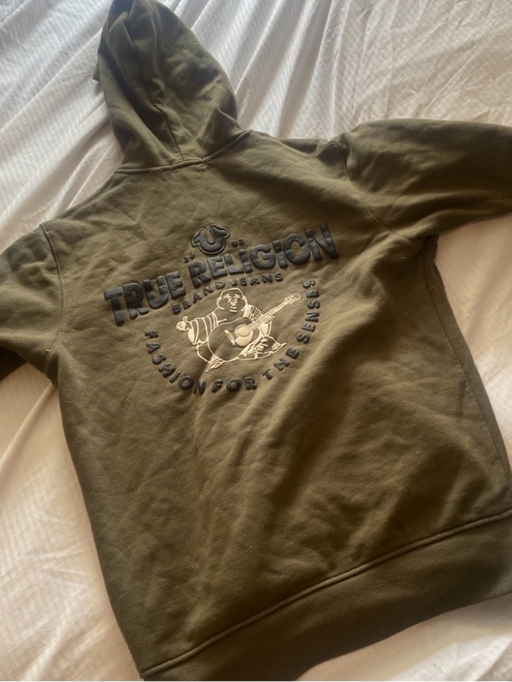 True Religion Olive Green Pullover Hoodie with Embroidered Logo